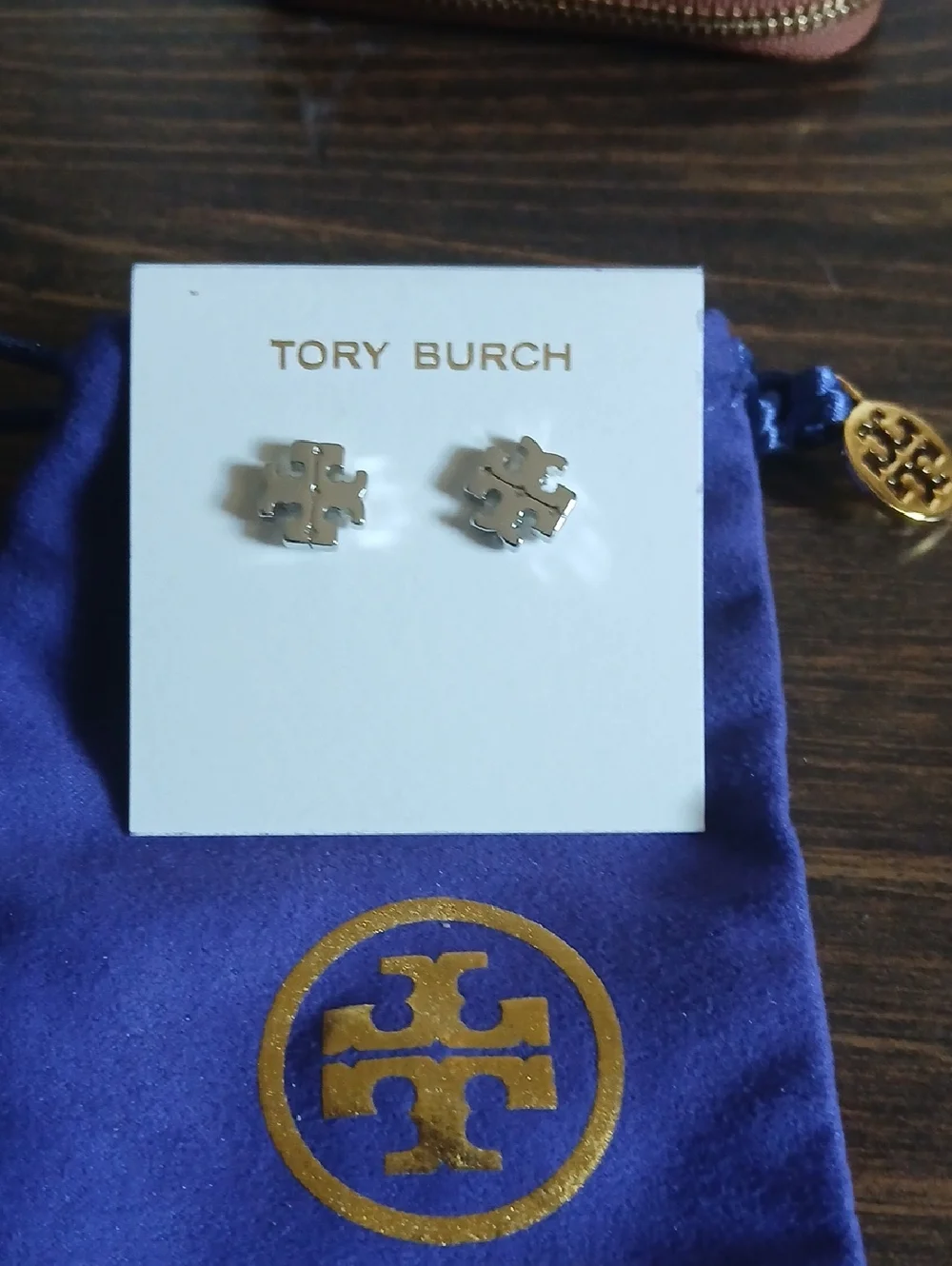 Tory Burch Black and Silver Logo Earrings With Dusty